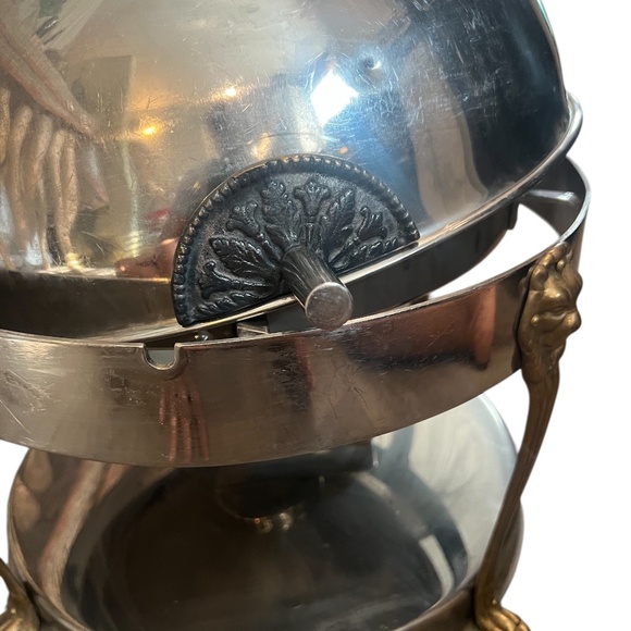 Vintage Silver Plated Steel Lion Head Round Chafer Chafing Dish Brass Legs - Picture 3 of 8